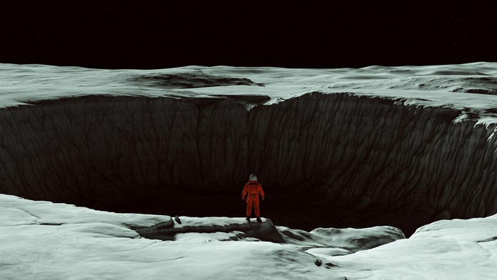 Astronauta olhando para cratera na Lua